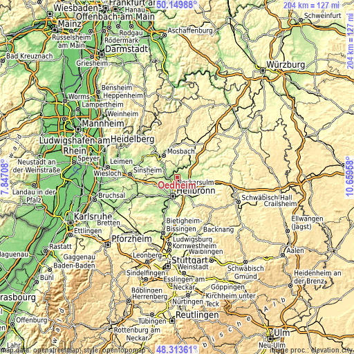 Topographic map of Oedheim