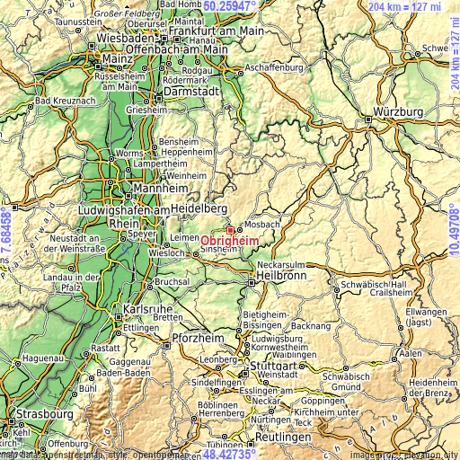 Topographic map of Obrigheim