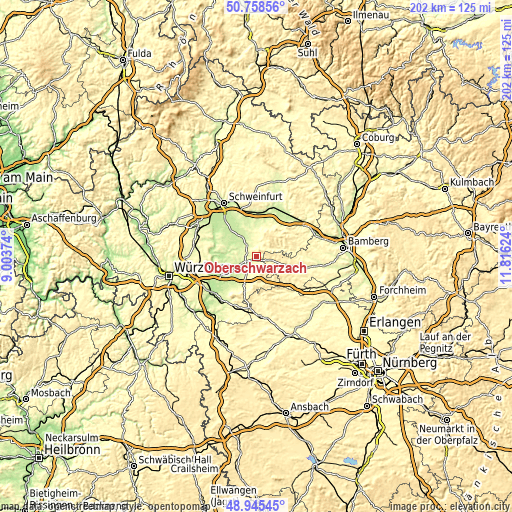 Topographic map of Oberschwarzach