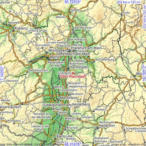 Topographic map of Ober-Ramstadt