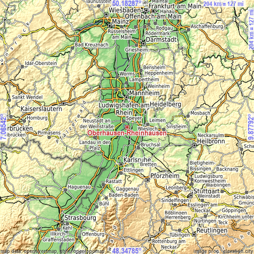 Topographic map of Oberhausen-Rheinhausen