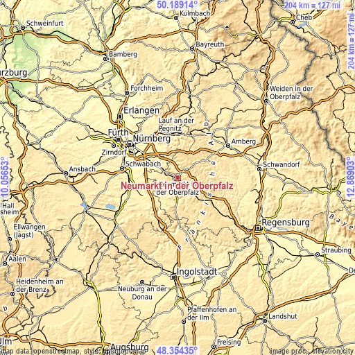 Topographic map of Neumarkt in der Oberpfalz