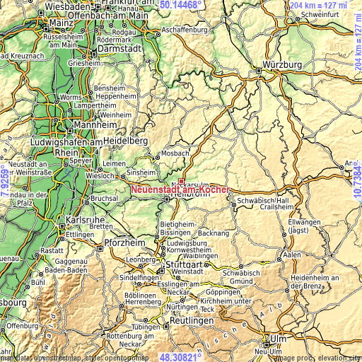 Topographic map of Neuenstadt am Kocher