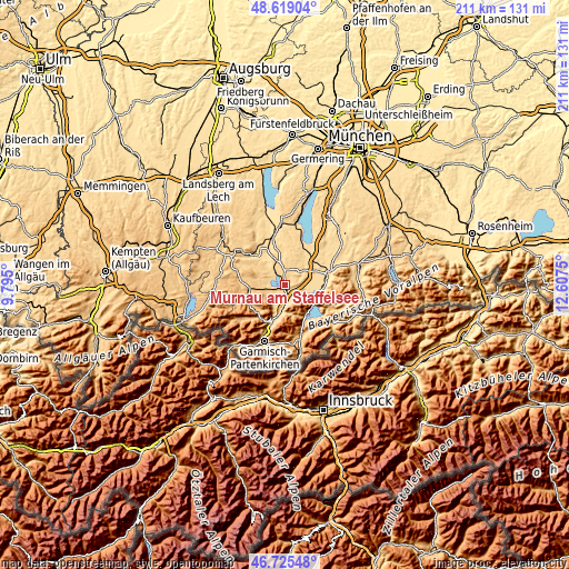 Topographic map of Murnau am Staffelsee