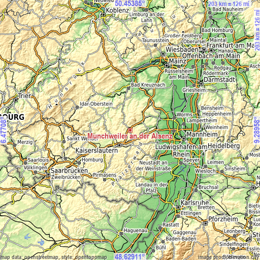 Topographic map of Münchweiler an der Alsenz