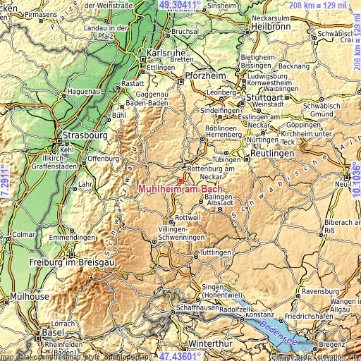 Topographic map of Mühlheim am Bach