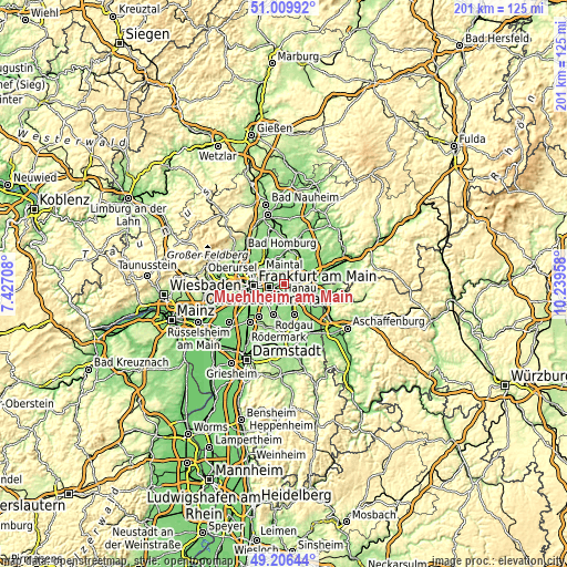 Topographic map of Mühlheim am Main