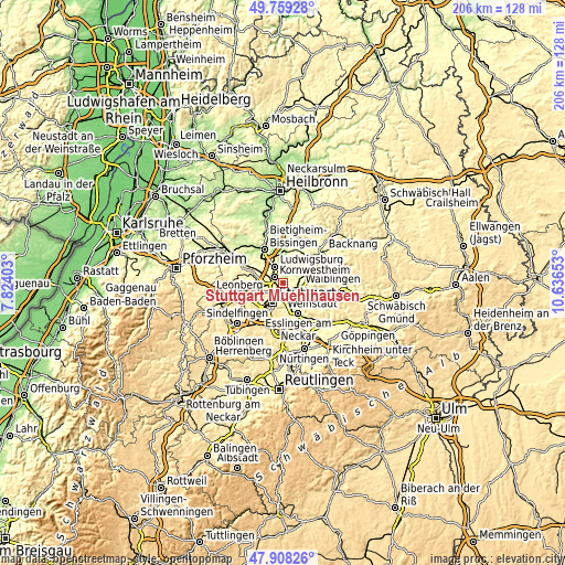 Topographic map of Stuttgart Mühlhausen