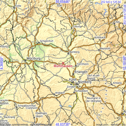 Topographic map of Mühlhausen