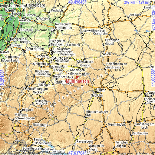 Topographic map of Mühlhausen