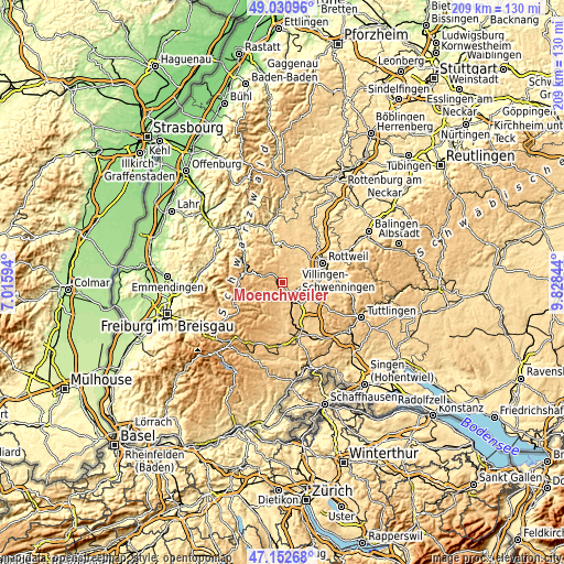 Topographic map of Mönchweiler