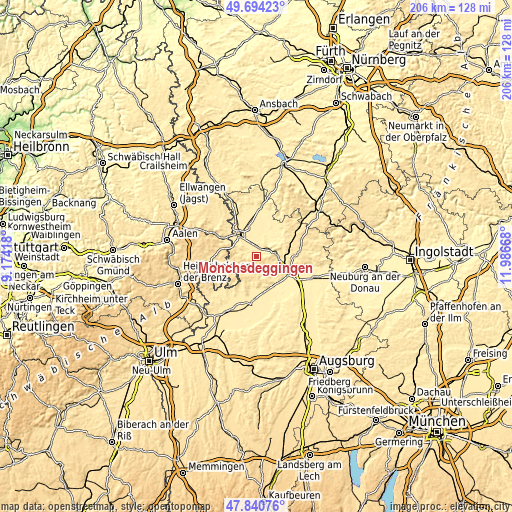 Topographic map of Mönchsdeggingen