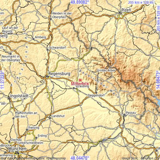 Topographic map of Mitterfels