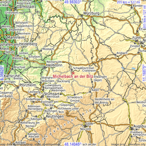 Topographic map of Michelbach an der Bilz