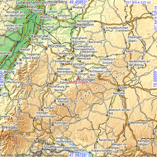Topographic map of Metzingen