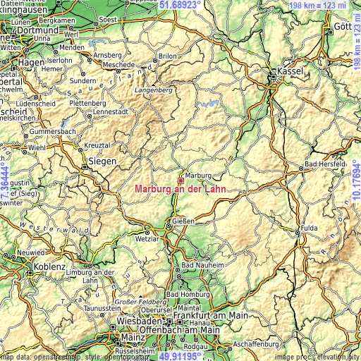 Topographic map of Marburg an der Lahn