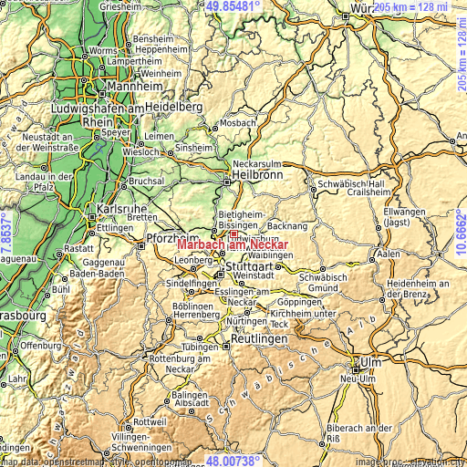 Topographic map of Marbach am Neckar