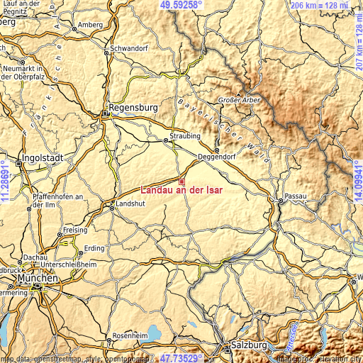 Topographic map of Landau an der Isar