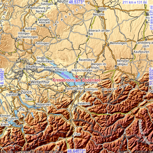 Topographic map of Kressbronn am Bodensee