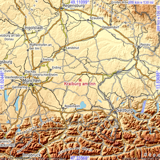 Topographic map of Kraiburg am Inn