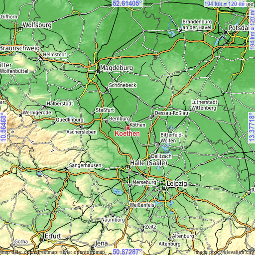 Topographic map of Köthen