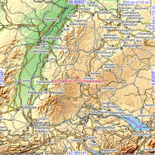 Topographic map of Königsfeld im Schwarzwald