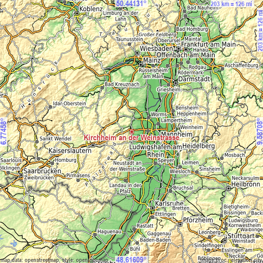 Topographic map of Kirchheim an der Weinstraße