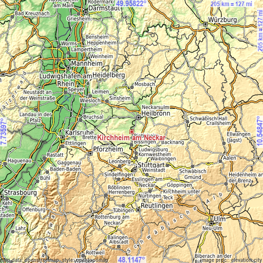 Topographic map of Kirchheim am Neckar