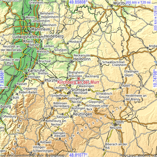 Topographic map of Kirchberg an der Murr