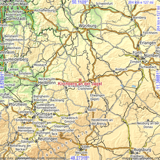 Topographic map of Kirchberg an der Jagst