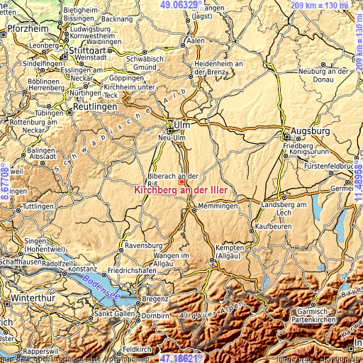 Topographic map of Kirchberg an der Iller