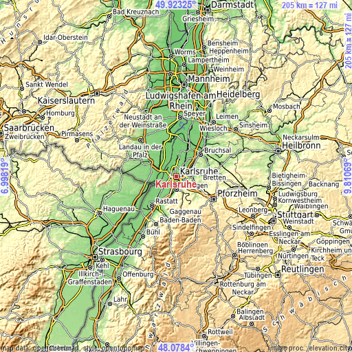 Topographic map of Karlsruhe
