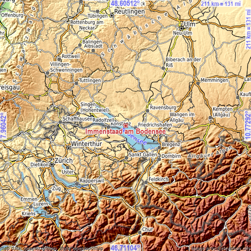 Topographic map of Immenstaad am Bodensee