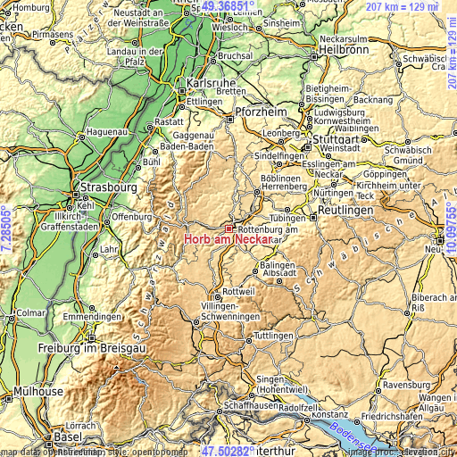 Topographic map of Horb am Neckar