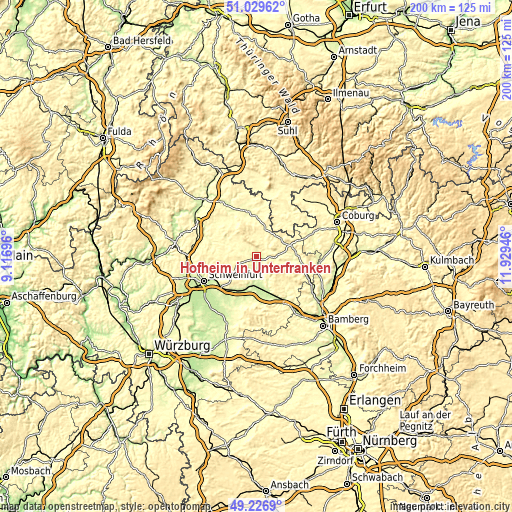 Topographic map of Hofheim in Unterfranken