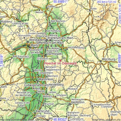 Topographic map of Höchst im Odenwald