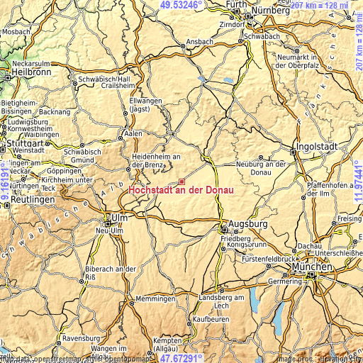 Topographic map of Höchstädt an der Donau