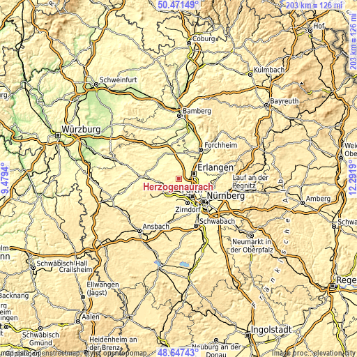 Topographic map of Herzogenaurach