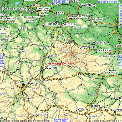 Topographic map of Herzberg am Harz