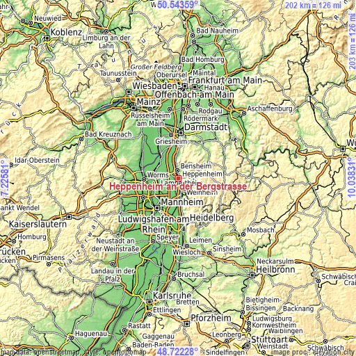 Topographic map of Heppenheim an der Bergstrasse