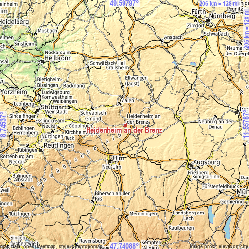 Topographic map of Heidenheim an der Brenz
