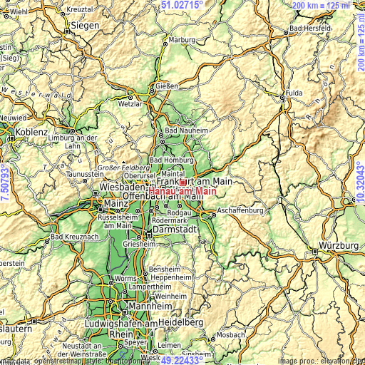 Topographic map of Hanau am Main