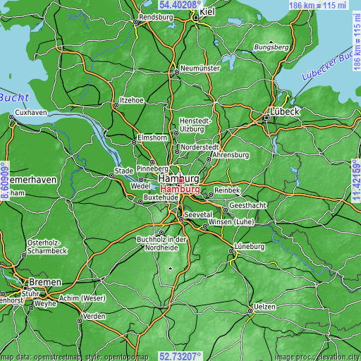 Topographic map of Hamburg