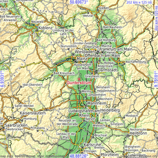 Topographic map of Guntersblum