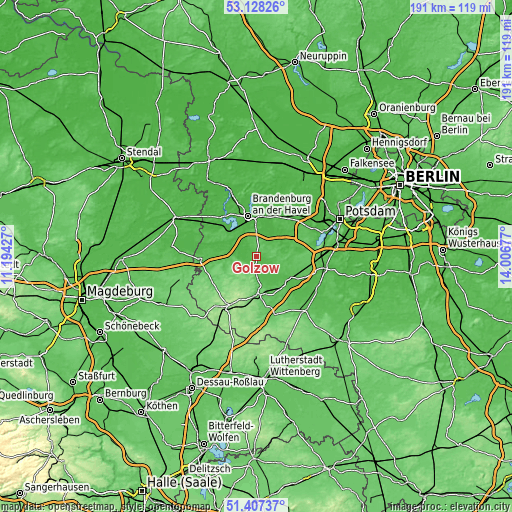 Topographic map of Golzow