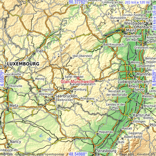 Topographic map of Glan-Münchweiler