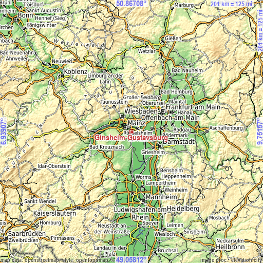Topographic map of Ginsheim-Gustavsburg