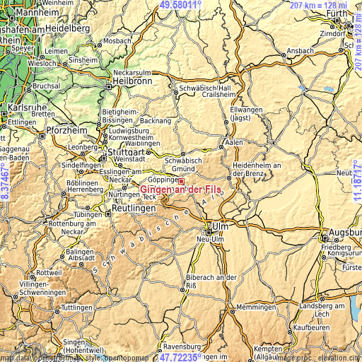 Topographic map of Gingen an der Fils