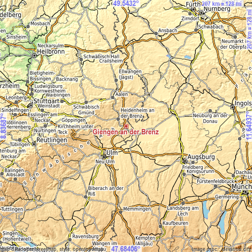 Topographic map of Giengen an der Brenz