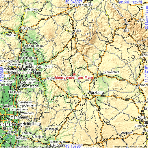 Topographic map of Gemünden am Main